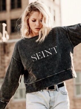 SEINT Washed Black Logo Cropped Sweatshirt